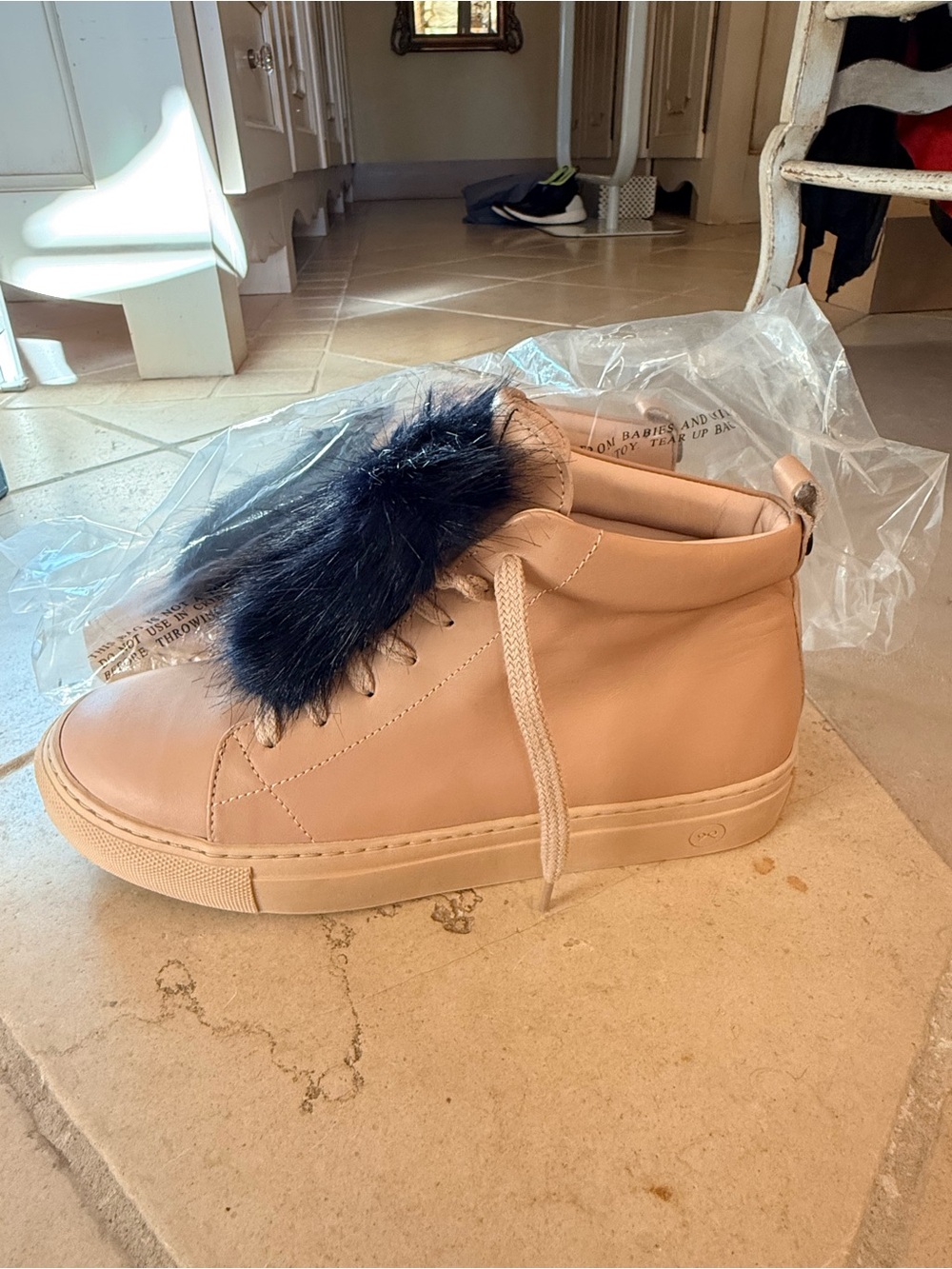 Women’s Pink Sneakers with Navy Faux Fur Accent
